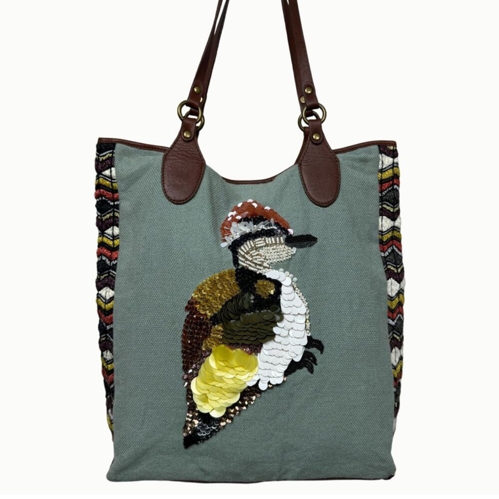 Anthropologie Green Tote with Multicolor Sequin Bird and Brown Handles